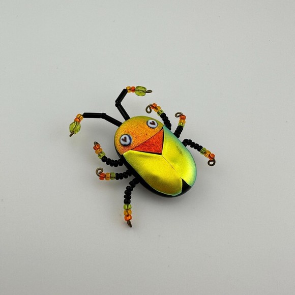 Multicolor Shimmery Dichroic Art Glass Beaded Scarab Bug Insect Brooch 1.5" OOAK - Picture 12 of 14